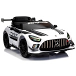 Laste elektriauto Mercedes GT3 Evo (valge) - pehmed rattad, nahkiste, pult, liitiumioonaku
